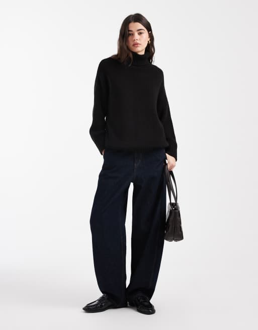 Miss Selfridge roll neck split hem sweater in black, 2 of 4