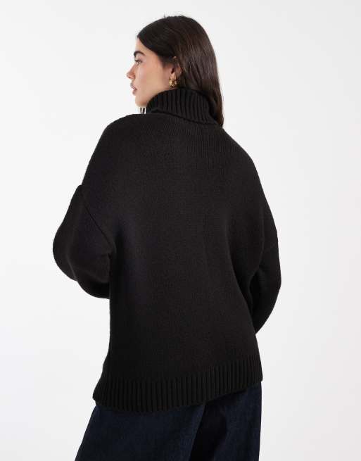 Miss Selfridge roll neck split hem sweater in black, 4 of 4