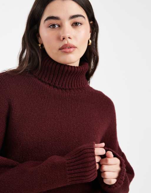 Miss Selfridge roll neck split hem sweater in plum, 2 of 4