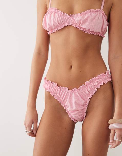 Miss Selfridge – Rosa bikiniunderdel med rysch och volang - view 1