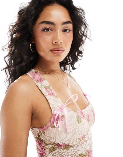 Miss Selfridge – Rosa, blommig korsett-topp med rosetter i spets, 4 av 4