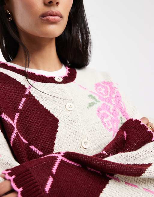 Miss Selfridge – Rosa kofta med argylemönster och langettsömmar, 4 av 4