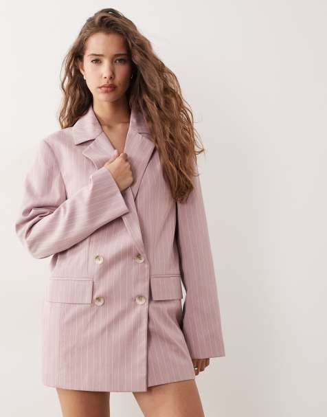 Miss Selfridge – Rosa, kritstrecksrandig, dubbelknäppt, slouchy kavaj i oversize, del av set - view 1