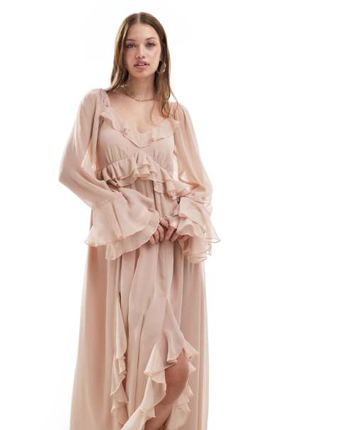 Miss Selfridge – Rosa maxiklänning i chiffong med volang - view 1