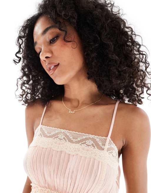 Miss Selfridge – Rosa maxiklänning med spetsinfällning och smala axelband, 2 av 4