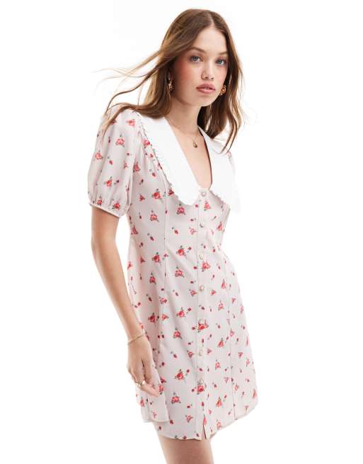 Miss Selfridge – Rosa, mönstrad miniklänning med korta ärmar och krage