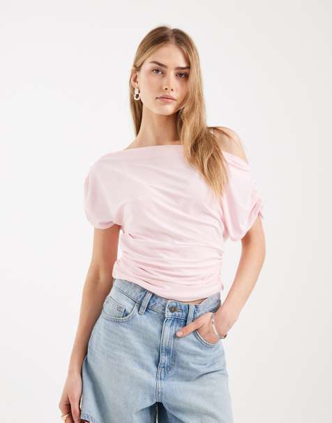 Miss Selfridge – Rosa off shoulder-topp med rynkade sidor - view 1