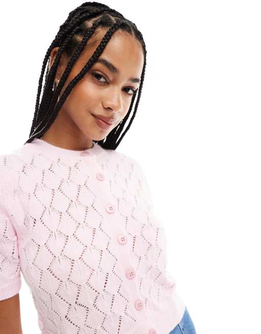 Miss Selfridge – Rosa, pointellestickad topp med korta puffärmar och knäppning, 3 av 4