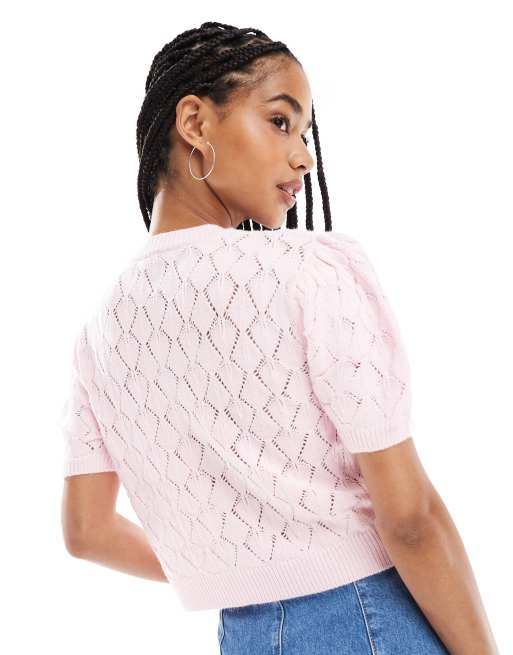 Miss Selfridge – Rosa, pointellestickad topp med korta puffärmar och knäppning, 4 av 4