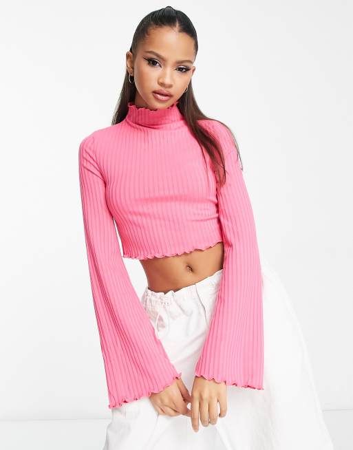 Miss Selfridge – Rosa ribbad topp med utsvängd ärm och rullfåll, 3 av 4