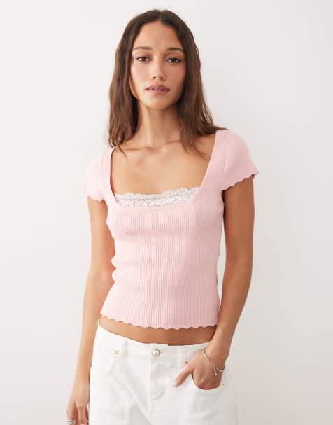 Miss Selfridge – Rosa, ribbstickad topp med holkärmar och spetsdetalj - view 1