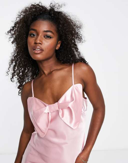 Miss Selfridge – Rosa slipklänning i satin och minilängd med rosett , 3 av 4