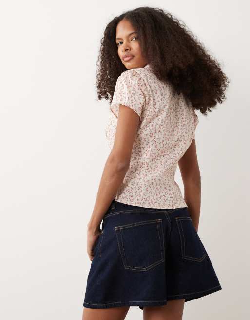 Miss Selfridge – Rosa, småblommig, figurnära poplinskjorta med korta ärmar, 4 av 4