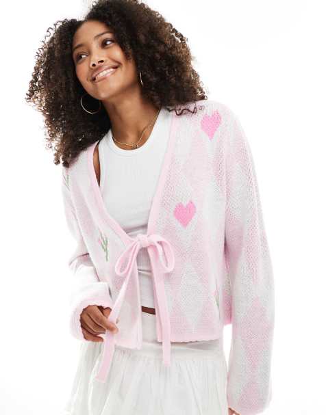 Miss Selfridge – Rosa, stickad kofta med diamantmönster - view 1