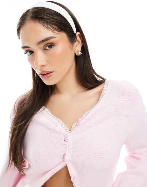 Miss Selfridge – Rosa, stickad kofta med spetskanter, del av set, 3 av 4