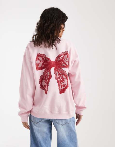 Miss Selfridge – Rosa sweatshirt med spetsrosett-tryck - view 1
