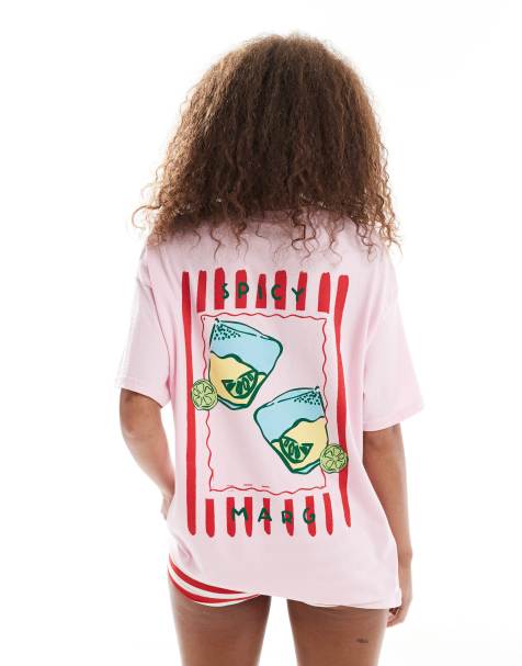 Miss Selfridge – Rosa t-shirt i oversize med Spicy Marg-tryck - view 1