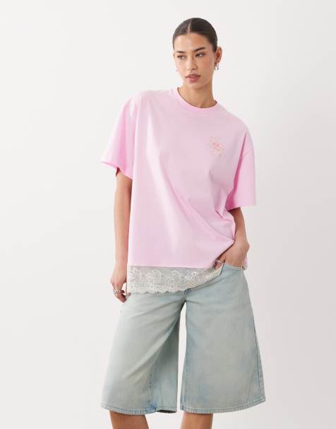 Miss Selfridge – Rosa t-shirt i oversize med tryck och spetskant - view 1
