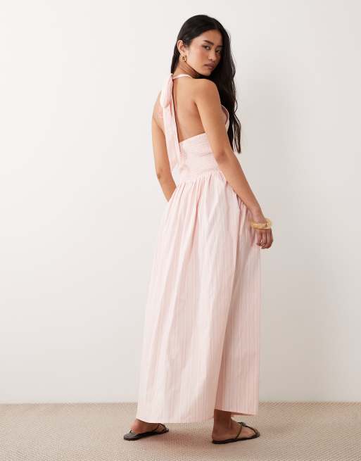 Miss Selfridge – Rosarandig, smockad maxiklänning i poplin med halterneck, 3 av 4
