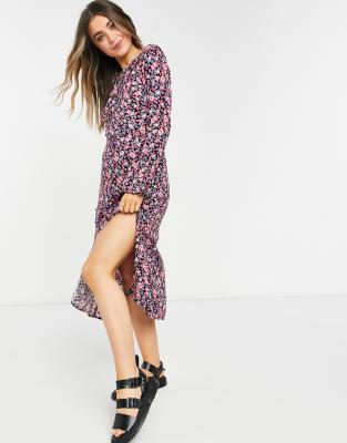 Miss Selfridge rose print tie-neck midi dress in black