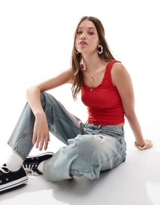 Красный топ молочницы с розовой отделкой Мисс Селфридж 1990₽