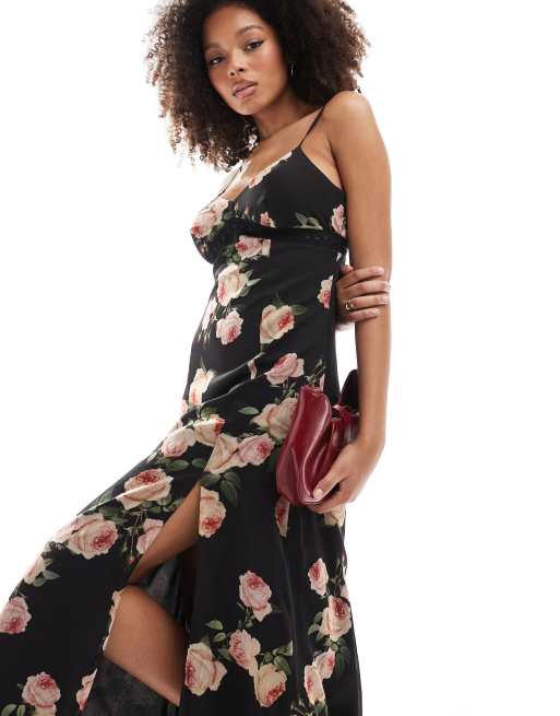 Miss Selfridge – Rosmönstrad maxi-slipklänning i chiffong med spetskanter, 2 av 4