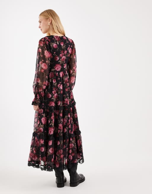 Miss Selfridge – Rosmönstrad maxiklänning med korsett, 2 av 4