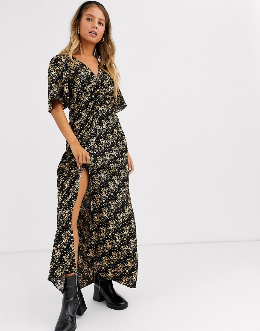 Miss Selfridge rouched midi dress in ditsy floral-Black