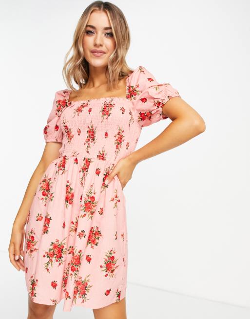 Miss Selfridge – Różowa marszczona sukienka bawełniana mini w kwiaty