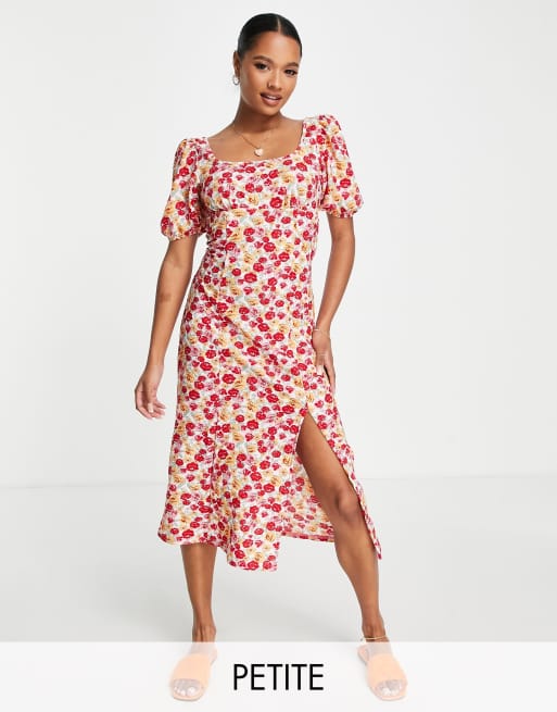 Miss Selfridge – Różowa sukienka midi z bufkami w kwiatowy wzór 														