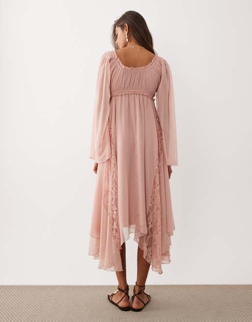 Miss Selfridge – Różowa szyfonowa sukienka maxi w stylu boho, 4 z 4