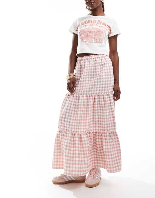 Miss Selfridge – Różowa warstwowa spódnica maxi w kratkę vichy