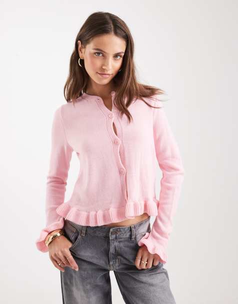Miss Selfridge knit cardigan with frill in pink