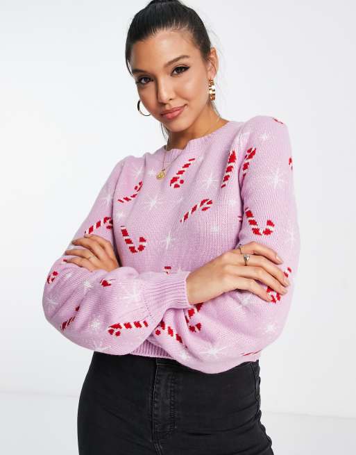 Miss Selfridge – Różowy sweter we wzór w świąteczne lizaki i gwiazdy 