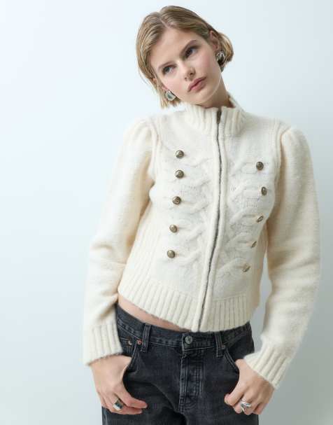 Miss Selfridge rozpinany kardigan dzianinowy na zamek z detalami w stylu militarnym, kremowy - view 1