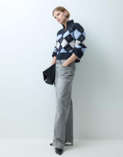 Miss Selfridge rozpinany kardigan ze stójką i wzorem argyle w granatowym, 3 z 5