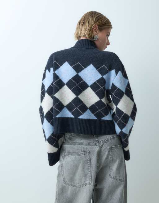 Miss Selfridge rozpinany kardigan ze stójką i wzorem argyle w granatowym, 5 z 5