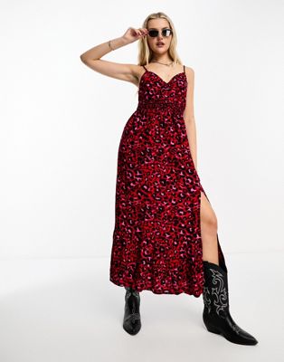Miss Selfridge ruched bodice strappy maxi dress in red animal | ASOS