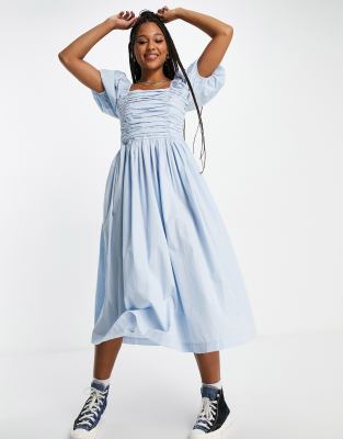 Miss Selfridge ruched bust midi in pale blue