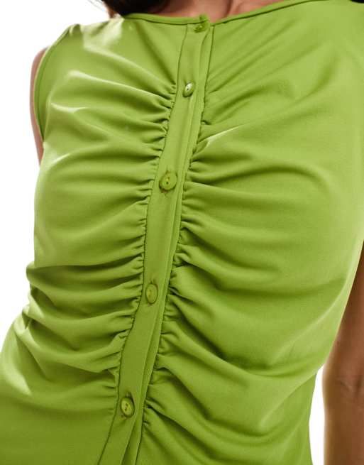 Miss Selfridge ruched button up boat neck singlet top in lime (Part of a set), 3 of 4