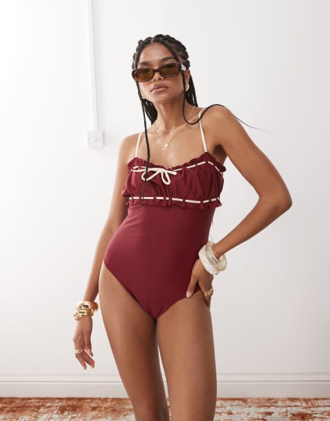 Miss Selfridge ruched contrast detail swimsuit in burgundy with cream contrast - view 1
