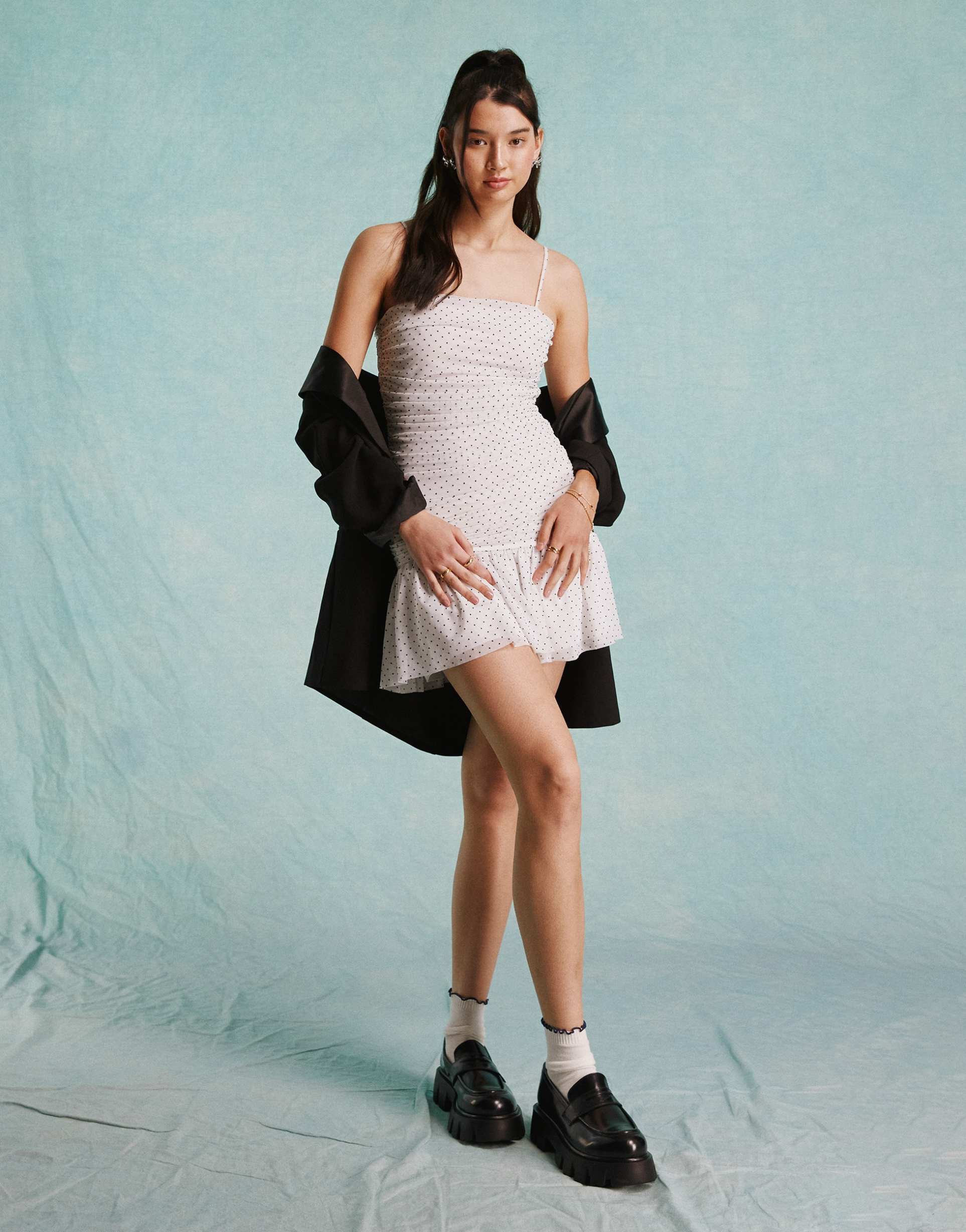 miss selfridge ruched draped dress in polka dot