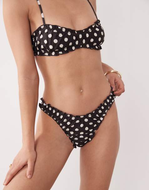 Miss Selfridge ruched frill bikini bottom in chocolate spot