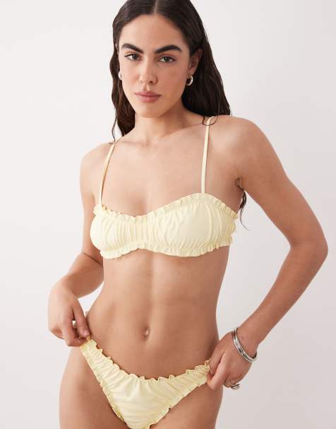 Miss Selfridge ruched frill bikini top in buttermilk