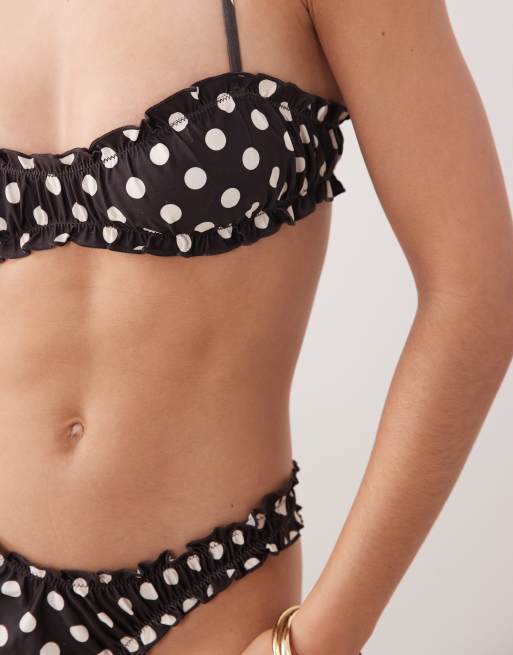 Miss Selfridge ruched frill bikini top in chocolate spot, 2 of 4