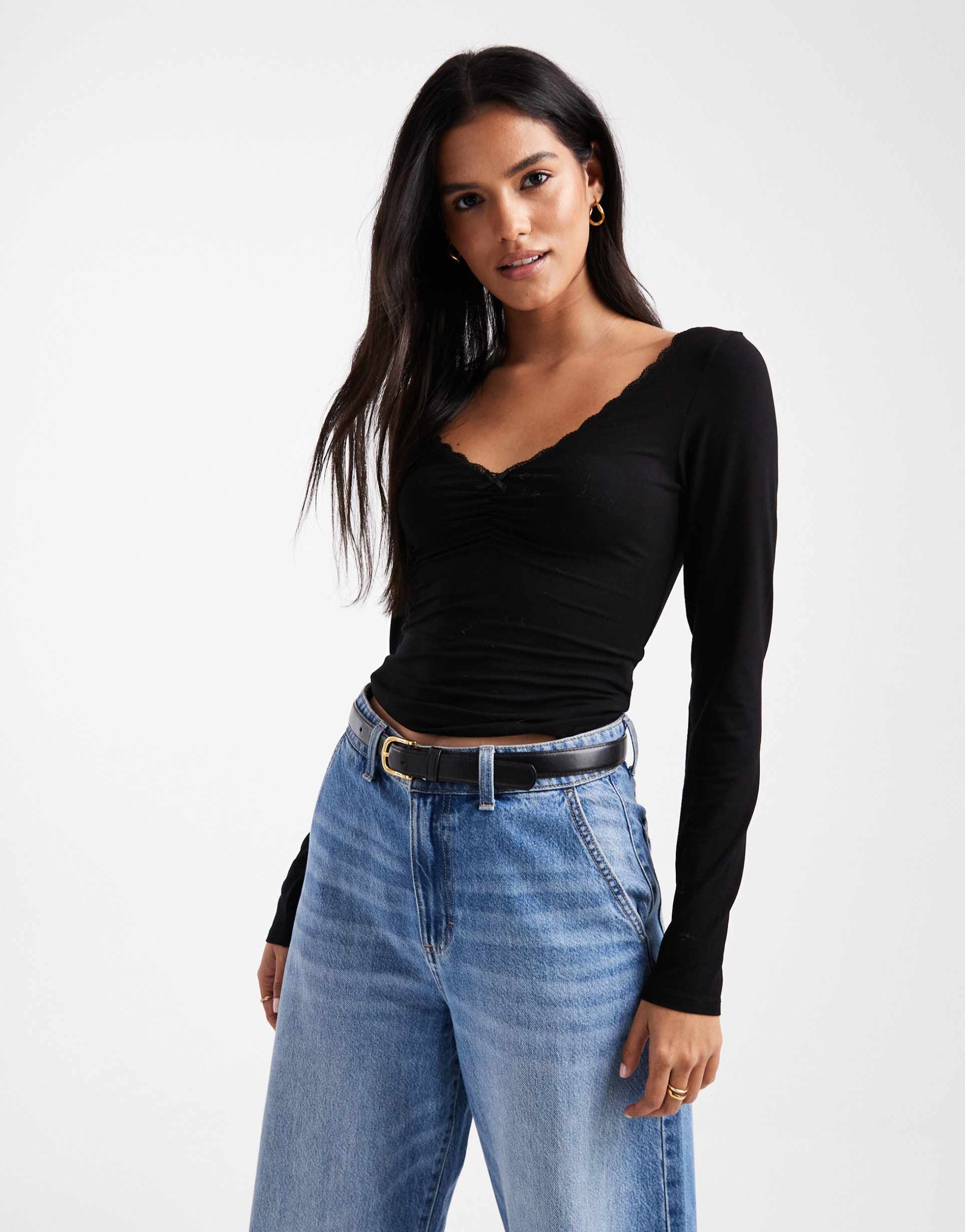 miss selfridge ruched front bow detail long sleeve top in black