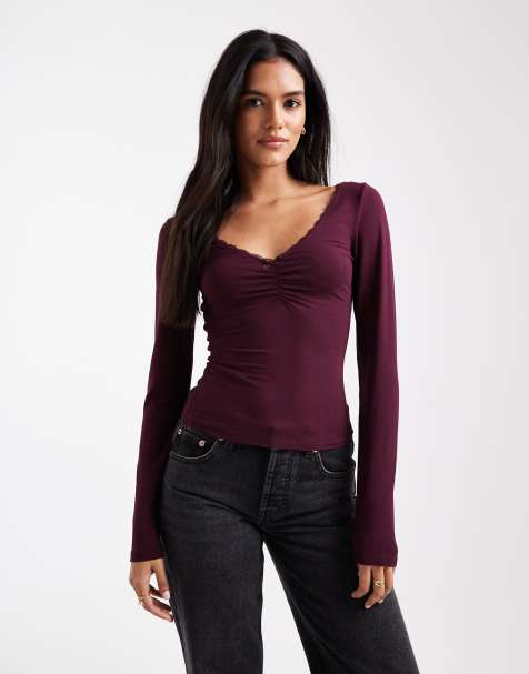 Miss Selfridge ruched front bow detail long sleeve top in plum - view 1