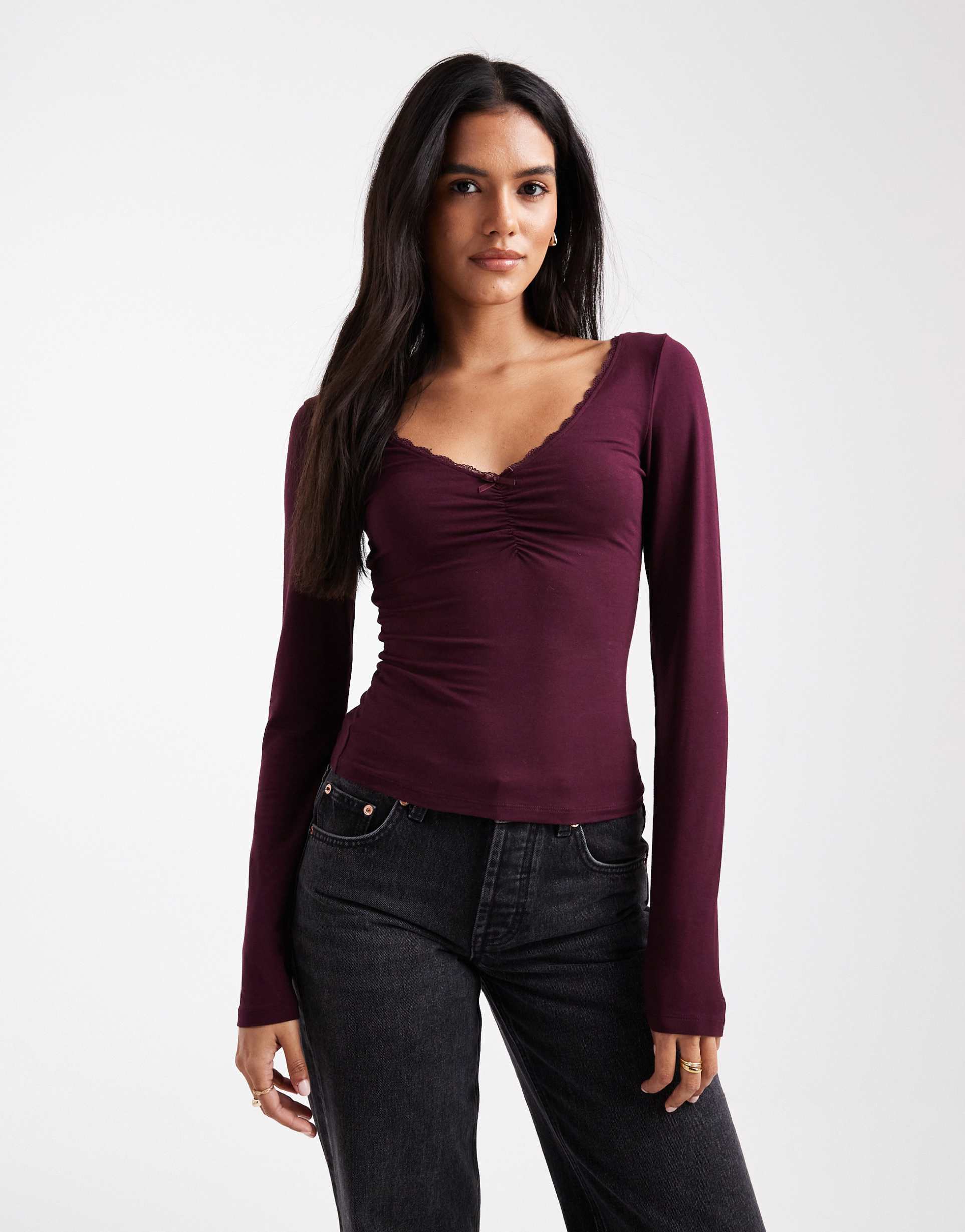 miss selfridge ruched front bow detail long sleeve top in plum