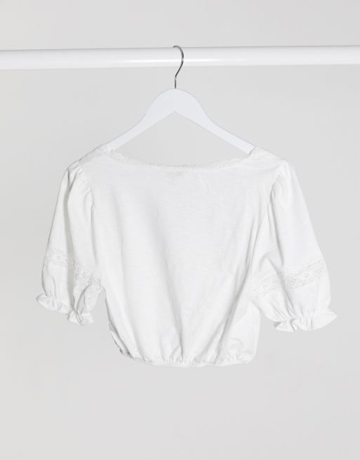 Miss Selfridge ruched front crochet trim top in white, 2 of 4