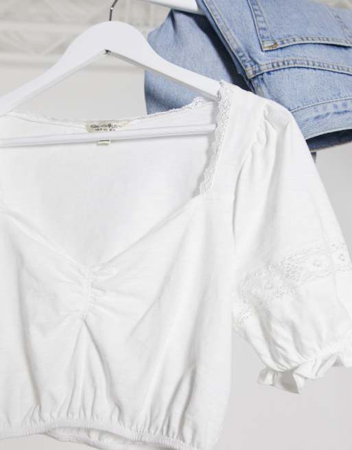 Miss Selfridge ruched front crochet trim top in white, 3 of 4